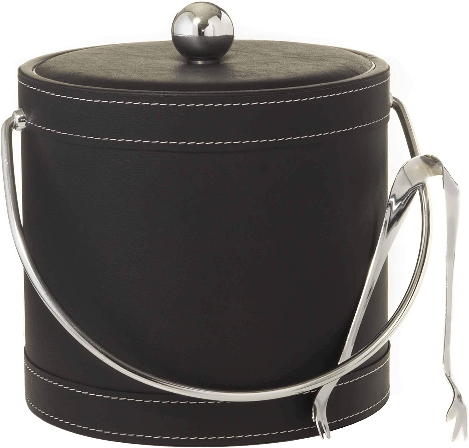 Black Faux Leather 3-Quart Insulated Ice Bucket with Lid and Tongs