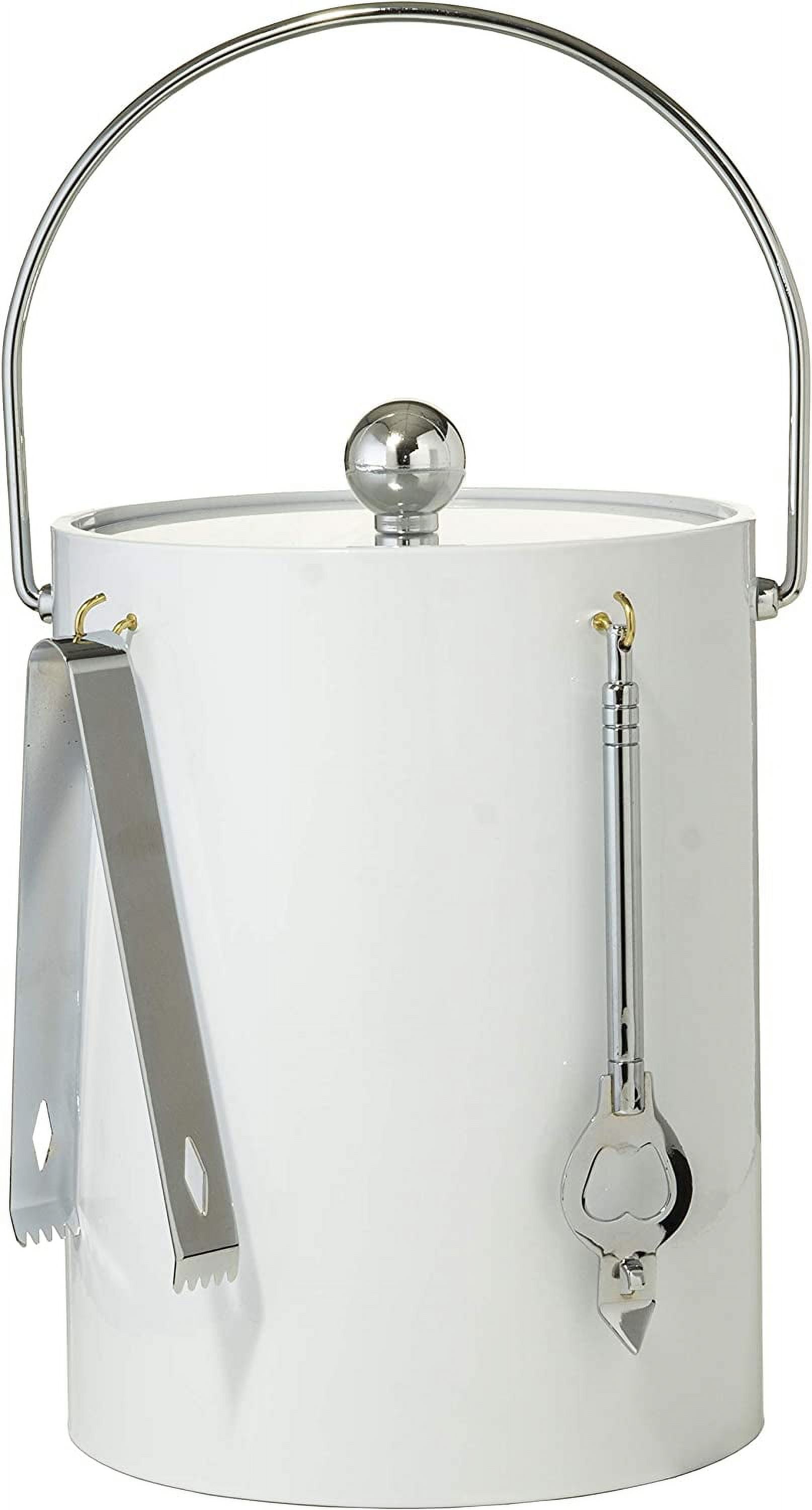 White Stainless Steel 5-Quart Insulated Ice Bucket with Tongs