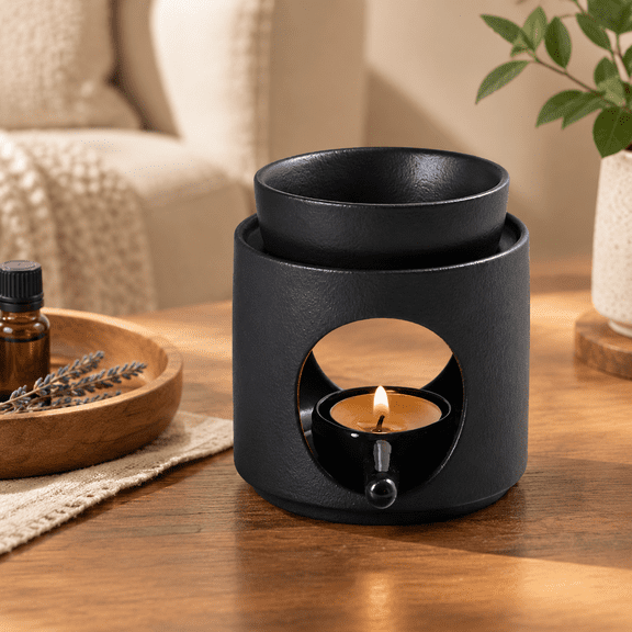 Hand Made Large Capacity Essential Oil Burner Wax Melt Burners, Aromatherapy Aroma Burner Ceramic Oil Diffuser Candle Tealight Holder Home Bedroom Decor-Black