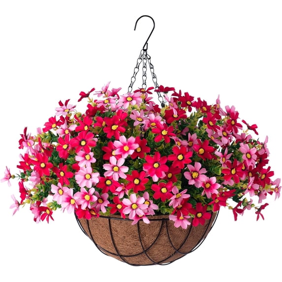 Artificial Flowerswith Hanging Basket for Outdoor Indoor,Fake Hydrangea Flowers in Coconut Lining Hanging Basket Home Courtyard Spring Decor,4 Branches Hydrangea Flowers in 12'' Basket(violet)