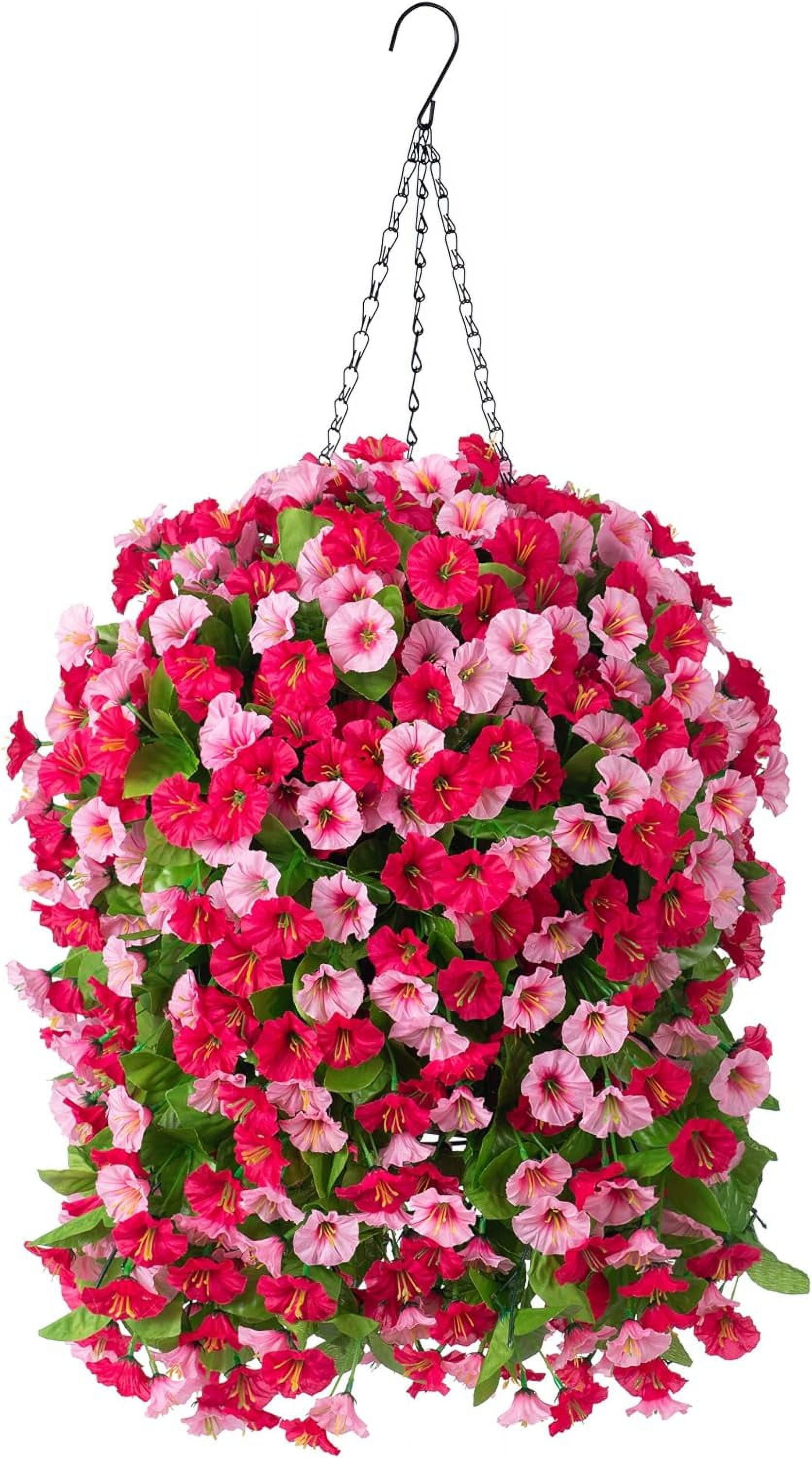 Hanging Baskets with Artificial Flowers for Plants Outdoor Indoor, Faux Silk Morning Glory Vines, Faux Green Plant Arrangement for Garden Patio Decoration(Darkorchid)