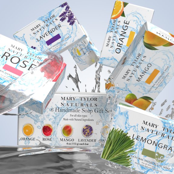 Hand Made Soap Set (4 oz x 6) each Bar is 4 oz, Orange, Rose, Mango, Lavender, Jasmine, Lemongrass, by Mary Tylor Naturals