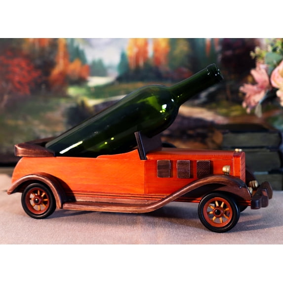 Hand Made Wood Retro Antique Style Orange Convertible Car Wine Holder Figurine