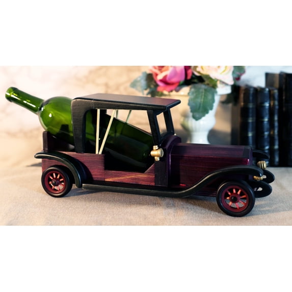 Hand Made Wood Retro Antique Style Purple Model T Sedan Car Wine Holder Figurine