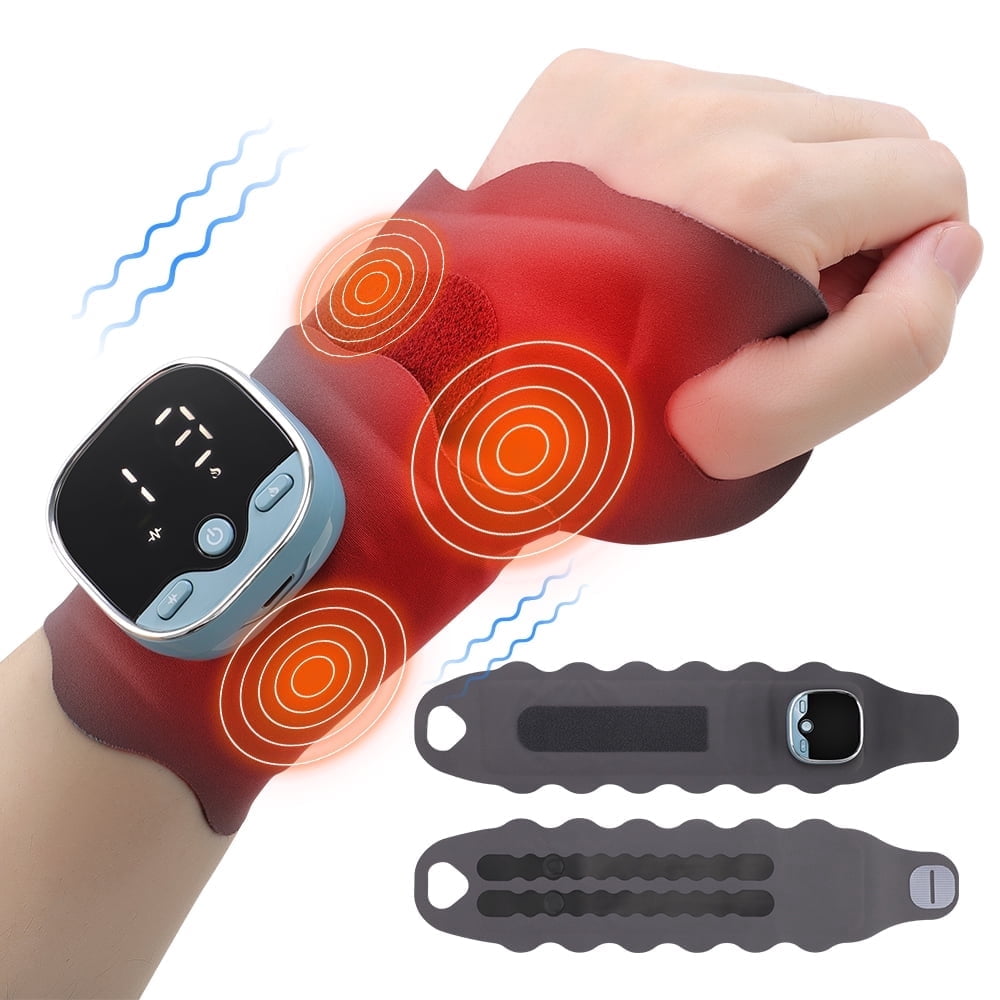 Hand Massager with Heat, Wrist Heating Pad, Cordless Wrist Heated Wrap with 3 Heating, 5 Massage Modes, 9 EMS Intensity Levels, Adjustable Length for Daily & Sports, Universal Left & Right