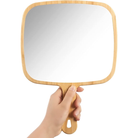 Hand Mirror,Extra Large Natural Bamboo Handheld Mirror with Handle, Single-Sided Portable Travel Vanity Mirror for Men & Women,8.9" W x 12.4" L
