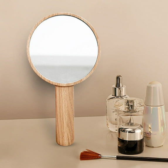 Hand Mirror Make Up Handheld Mirror - Wood Handle Barber Hairdressing Face Round Makeup Mirror
