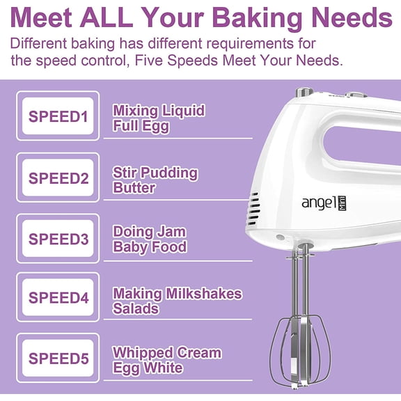 Hand Mixer, 400W Portable Kitchen Handheld Mixer with Eject Button, 5 Speed & Stainless Steel Accessories, Egg Beaters and Whisk for Easy Whipping Cake, Cream, Batters, Cookies