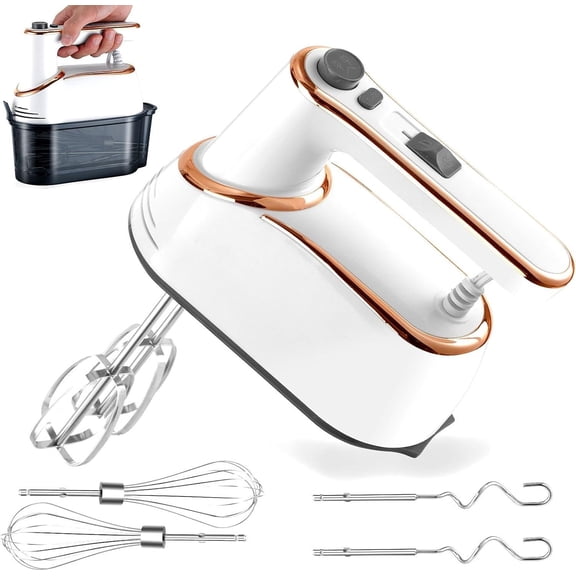 Hand Mixer, 5-Speed Electric with Turbo Boost, White, Copper , 400W, Dishwasher-Safe Attachments for Baking, Whipping, Dough