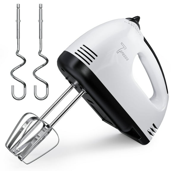 TINANA 7 Speed Hand Mixer Electric Handheld with Stainless Steel Beaters & Dough Hooks, Cookie Mixer with Turbo Boost, Food Beater for Kitchen Baking Cakes, Eggs, Cream, White
