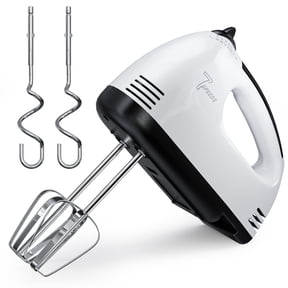 TINANA 7-Speed Electric Hand Mixer with 2 Beaters & 2 Dough Hooks, Eject Button, Ergonomic Grip, Compact White Kitchen Mixer
