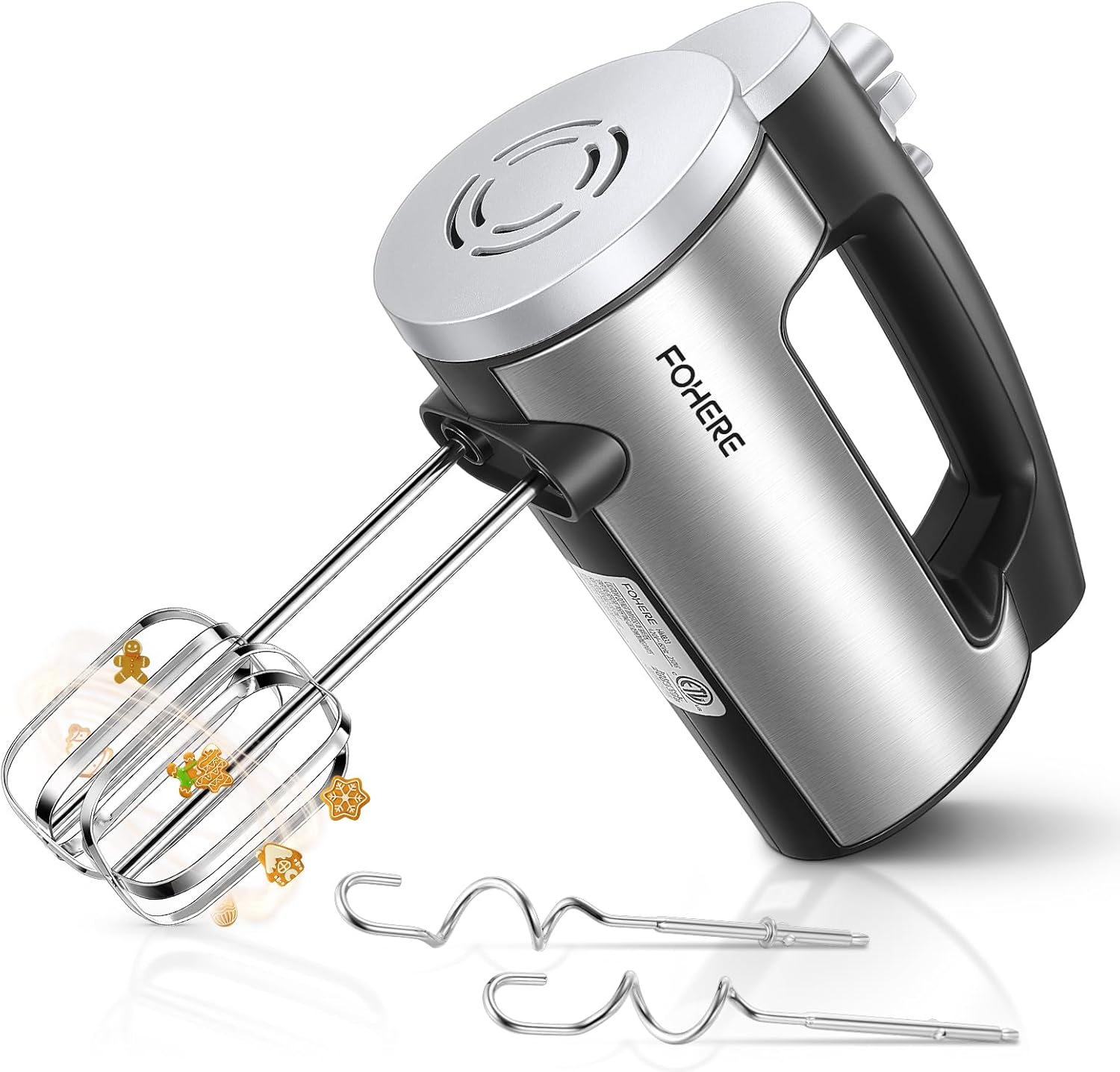 Hand Mixer Electric Handheld, 6 Speed & Turbo Mixer, 300W Handheld with 2 Stainless Steel Whisk and Dough Hook for Whipping, Mixing Cookies, Brownie, Cakes, Batters, Silver