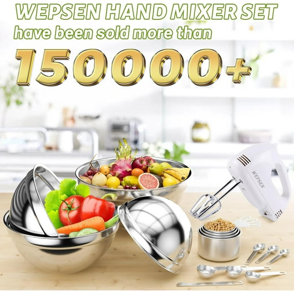 Hand Mixer Electric Mixing Bowls Set, 5 Speeds Handheld Mixer with 4 Nesting Stainless Steel Mixing Bowl, Measuring Cups Spoons 200W Kitchen Blender Whisk Beater Baking Supplies For Beginner