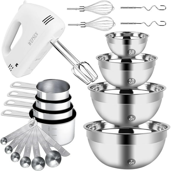 Hand Mixer Electric Mixing Bowls Set, 5 Speeds Handheld Mixer with 4 Nesting Stainless Steel Mixing Bowl, Measuring Cups Spoons 200W Kitchen Blender Whisk Beater Baking Supplies For Beginner