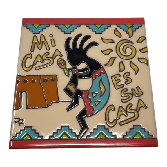 Hand-N-Hand Designs Mi Casa Es Su Casa Kokopelli Southwest 6X6 Sand Color Hand Glazed Decorative Tile