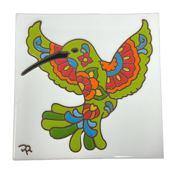 Hand-N-Hand Designs Talavera Hummingbird 6X6 White Hand Glazed Decorative Tile
