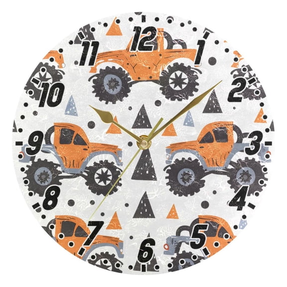Hand Paint Monster Truck Round Wall Clock Battery Operated Silent Non-Ticking Bedroom Office Kitchen Home School Decor 10"(Gold)