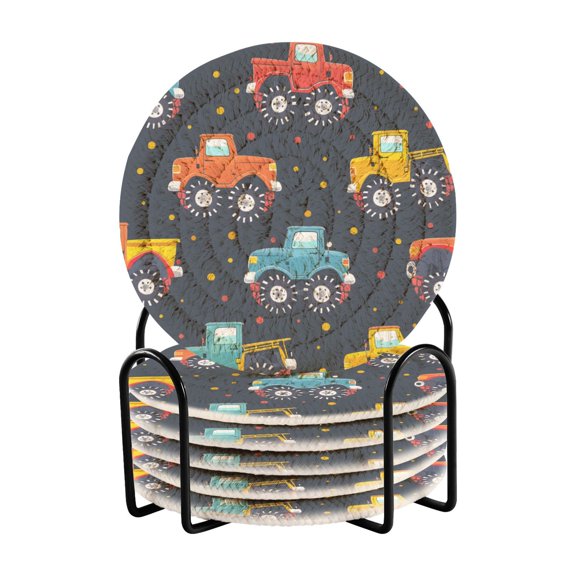 Hand Paint Monster Trucks Coasters with Holder for Coffee Table 6 Pcs Drink Coaster Sets Absorbent for Home Decor 4 inch