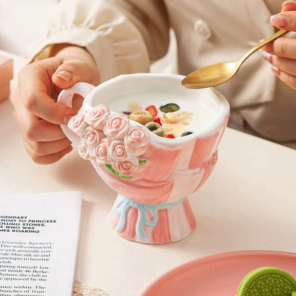 Hand-Painted 3D Relief Rose Ceramic Mug 360ml Footed Coffee Cup for Home Kitchen Decor