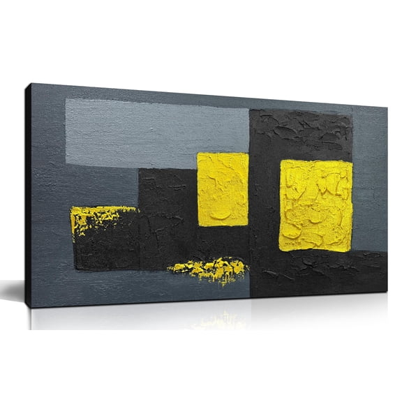 Hand-Painted 3D Textured Canvas Wall Art, Black Grey Gold Geometric Color Block Abstract Oil Painting Picture, 40"x20" Modern Minimalist Wall Decor for Living Room, Bedroom, Hallway & Office