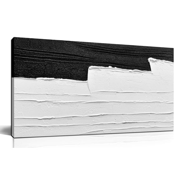 Hand-Painted 3D Textured Canvas Wall Art Picture, Black and White Abstract Painting, Large 40"x20" Neutral Minimalist Wave Decor for Living Room, Bedroom, Hallway & Office