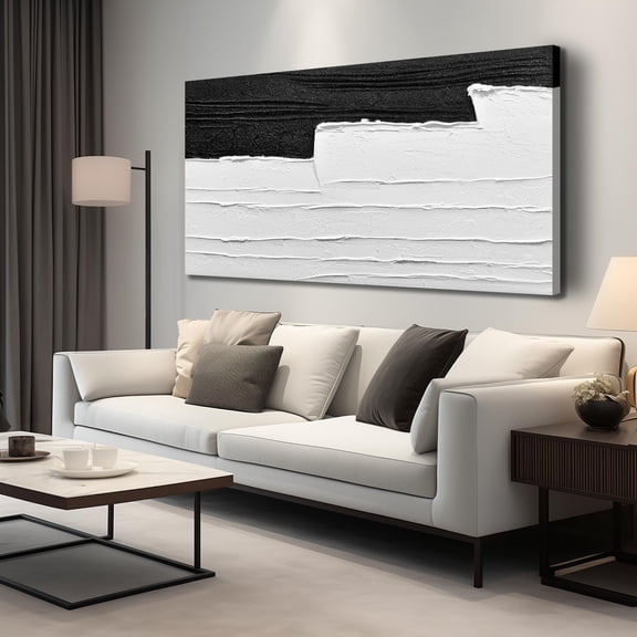 Hand-Painted 3D Textured Canvas Wall Art Picture, Black and White Abstract Painting, Large 58"x29" Neutral Minimalist Wave Decor for Living Room, Bedroom, Hallway & Office