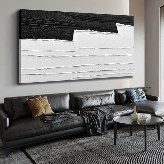 Hand-Painted 3D Textured Canvas Wall Art Picture, Black and White Abstract Painting, Large 72"x36" Neutral Minimalist Wave Decor for Living Room, Bedroom, Hallway & Office