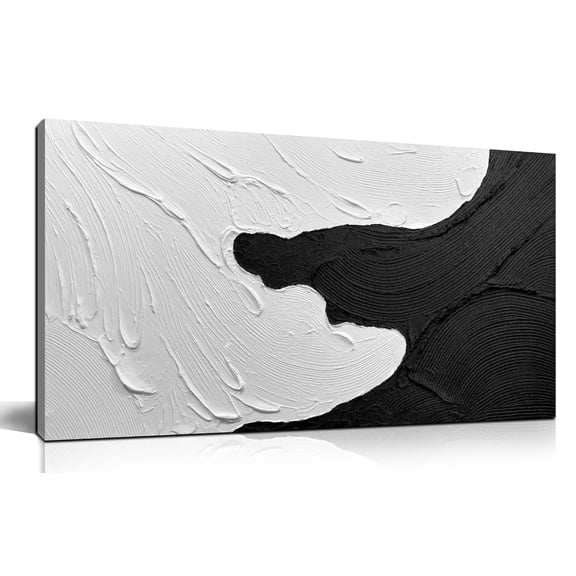 Hand-Painted 3D Textured Canvas Wall Art, Black & White Flowing Wave Abstract Painting Picture,40"x20" Neutral Modern Minimalist Decor for Living Room, Bedroom, Hallway & Office