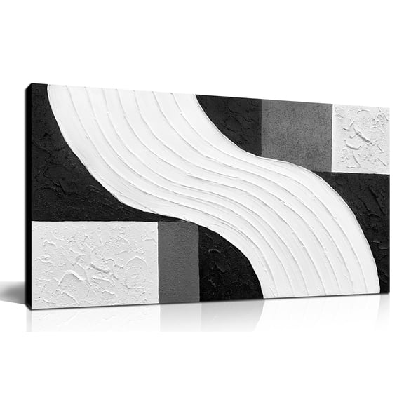 Hand-Painted 3D Textured Canvas Wall Art, Black Grey White Geometric Curved Lines Abstract Oil Painting Picture, 40"x20" Modern Minimalist Wall Decor for Living Room, Bedroom, Hallway & Office