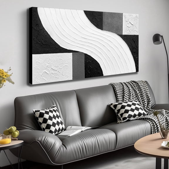 Hand-Painted 3D Textured Canvas Wall Art, Black Grey White Geometric Curved Lines Abstract Oil Painting Picture, 48"x24" Modern Minimalist Wall Decor for Living Room, Bedroom, Hallway & Office