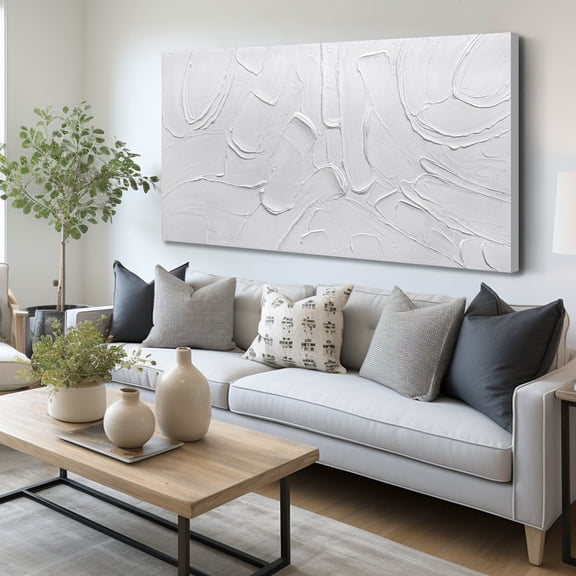 Hand-Painted 3D Textured Canvas Wall Art Picture, Off-White Wavy Organic Texture Minimalist Painting, Large 47"x24" Modern Abstract Neutral Tone Wall Decor for Living Room, Bedroom, Hallway & Office