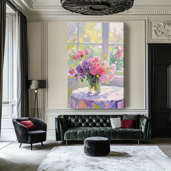 Hand-Painted Abstract Floral Oil Painting - Modern Minimalist Luxury Wall Art with Pink, Purple, Yellow, Green, Blue, White - Textured Canvas Decor for Living Room, Bedroom, Office - Elegant Home
