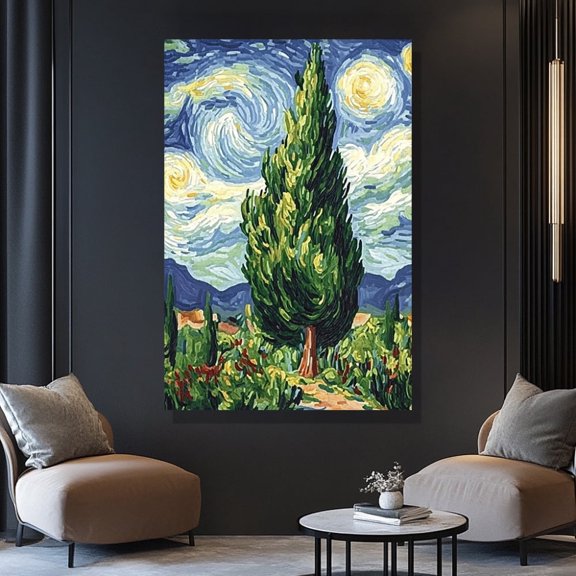 Canvas Painting Abstract Canvas Art - Modern Minimalist Style Vertical Decor with Pine Tree and Swirling Clouds Pattern, Suitable for Living Room, Bedroom, Office Decoration - Spring/Summer Home