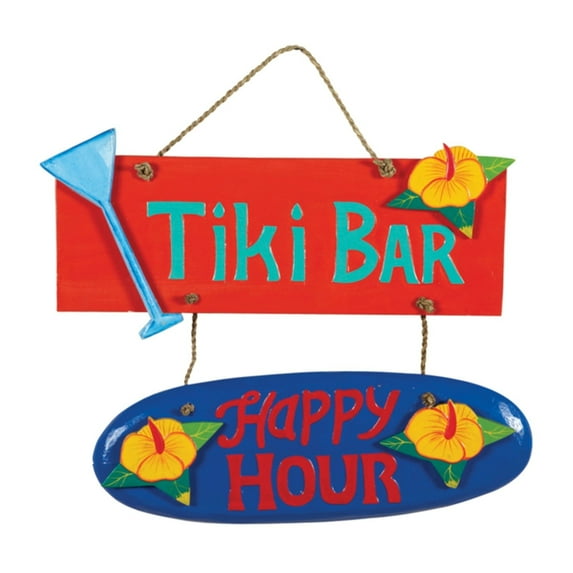Hand-Painted Acacia Wood Tiki Bar, Happy Hour Wall Art Sign