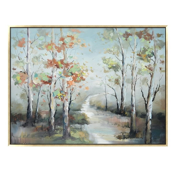 Hand Painted Acrylic Wall Art Fall Colorful Trees on a 47 x 35 Rectangular Canvas with a Gold Wooden Frame