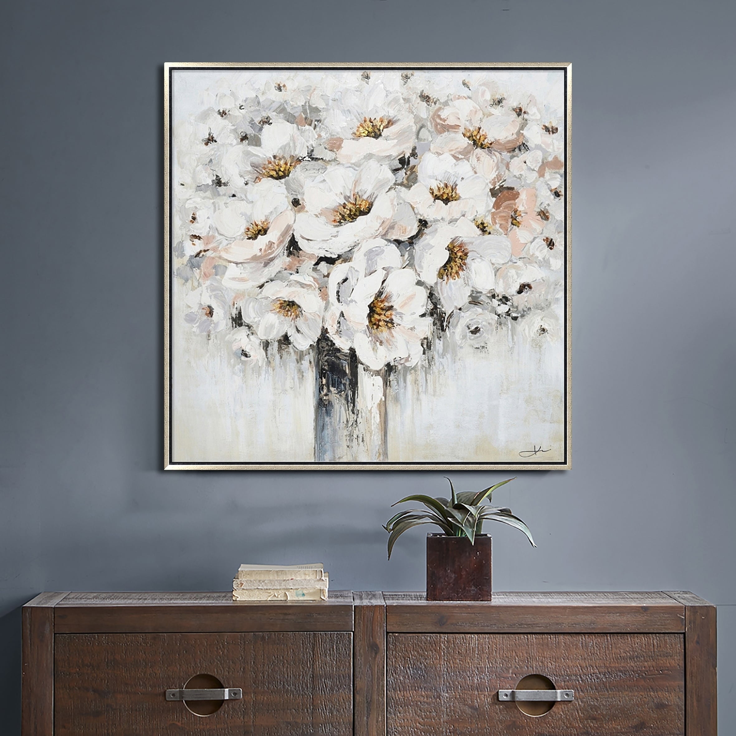 Hand Painted Acrylic Wall Art White Bouquet in Vase on a 39 x 39 Square Canvas with a Silver Wooden Frame