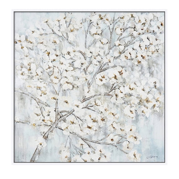 Hand Painted Acrylic Wall Art White Flower Tree on a 39 x 39 Square Canvas with a White Wooden Frame
