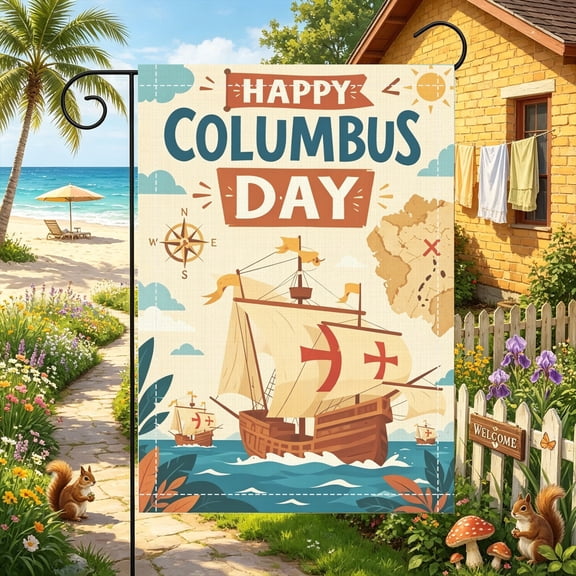 Hand Painted Anchor Sailboat Cursive Columbus Wording Garden Flag, 12x18 inch, Double Sided 2D Printed, Lawn Patio & Mailbox Outdoor Decor, No Flagpole