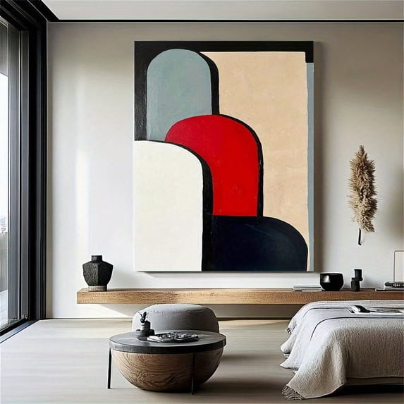 Canvas Painting Art Deco Abstract Painting on Wooden Frame - Red Geometric Shapes with Neutral Tones, Indoor/Outdoor Wall Art for Living Room, Bedroom, Office, Bathroom Decor, Unique Wall Art,
