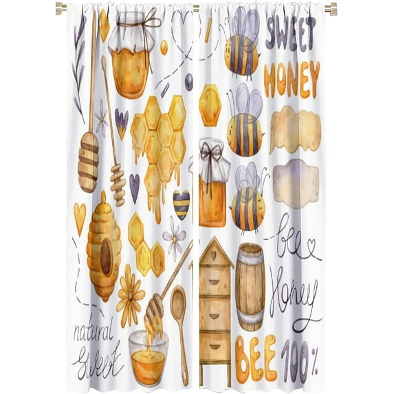 Hand Painted Bee Curtains, Vintage Hand Painted Bee Honey Hive Beehive and Sweet Honey Lettering, Boy Girl Bedroom Kitchen Window Trim Curtains, 2 Panel Set, 52x84 Inches.