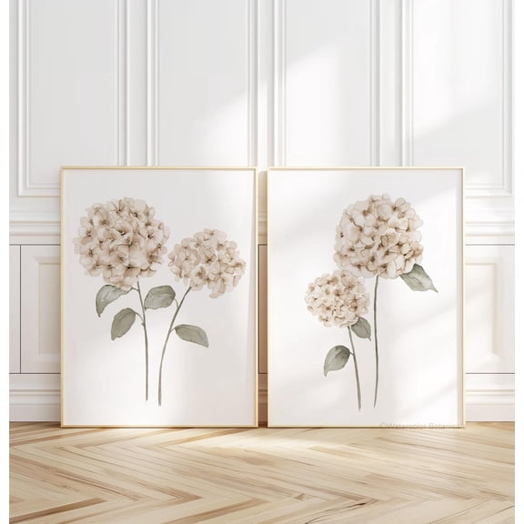 Hand Painted Beige Hydrangea Minimalist Botanical Wall Decor Set 2 Unframed Paper Print 8x12