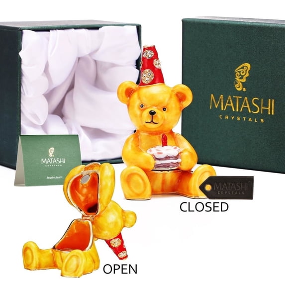 Hand-Painted Birthday Bear Trinket Box with Elegant Crystals Collectible Figurine and Decorative Living Room Jewelry