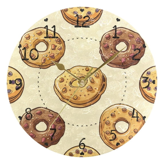 Hand Painted Biscuits Cute Round Wall Clock Silent Analog Battery Operated Gold Pointer Home Decor 9.84" Diameter
