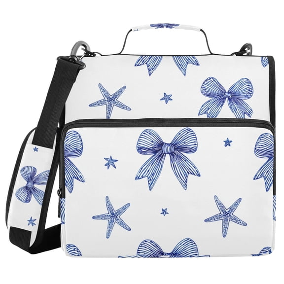 Hand Painted Blue Bows and Starfishes Binder Bag with Shoulder Strap 3 Ring Zipper Binder File Folder Document Storage