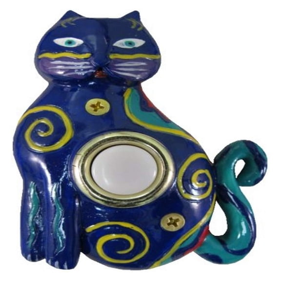 Hand Painted Blue Cat Doorbell - Wired & Illuminated Push Button Cast in Durable Polyresin
