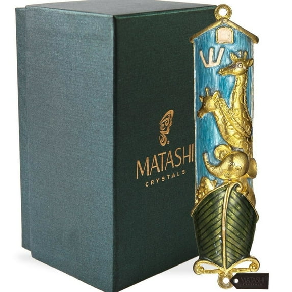 Hand Painted Blue Enamel Noahs Ark Mezuzah with Gold Accents and fine Crystals by Matashi