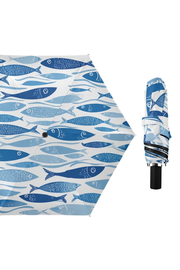 Hand Painted Blue Fishes All Weather Umbrella Triple Folding Parasol 6 Ribs UV Protection Portable