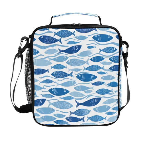 Hand Painted Blue Fishes Insulated Lunch Bag Reusable Lunch Box Lunch Container with Straps