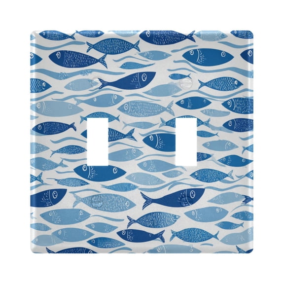 Hand Painted Blue Fishes Light Switch Cover Electrical Outlet Cover Replaceable Wall Plates 2-Gang