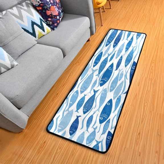 Hand Painted Blue Fishes Long Floor Mat Runner Rug Area Mat Noise Reduction Water Absorbent Non-Slip 72" x 24"